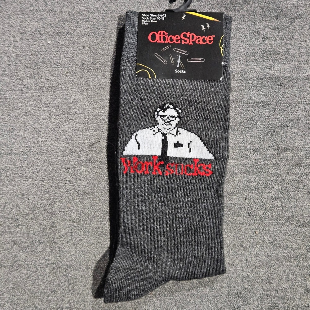Office Space Milton Work Sucks Mens Crew Socks Gray Shoe Size 6.5-12 New
